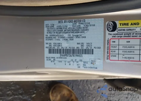 2007 Ford Fusion Se из США, поврежденный, VIN 3FAHP07Z67R194455